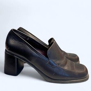 90s Vintage K Studio Preppy Brown Leather Loafer Chunky 2.5” Inch Block Heel 8